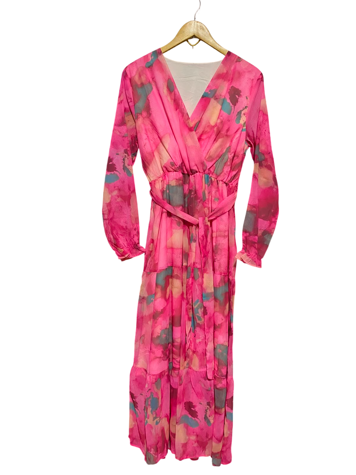 |L| BUST 51 | B37| VIBRANT PINK FLORAL MAXI DRESS LONG SLEEVE V-NECK FAUX WRAP TIERED A-LINE PARTY DRESS WITH BELT