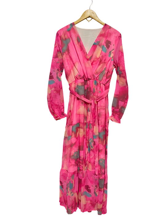 |L| BUST 51 | B37| VIBRANT PINK FLORAL MAXI DRESS LONG SLEEVE V-NECK FAUX WRAP TIERED A-LINE PARTY DRESS WITH BELT
