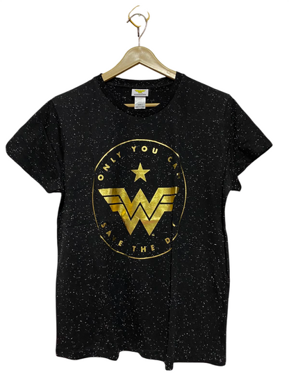 WONDER WOMAN |L| BUST 20| B37| WOMAN BLACK SPECKLED T-SHIRT METALLIC GOLD LOGO GRAPHIC TEE