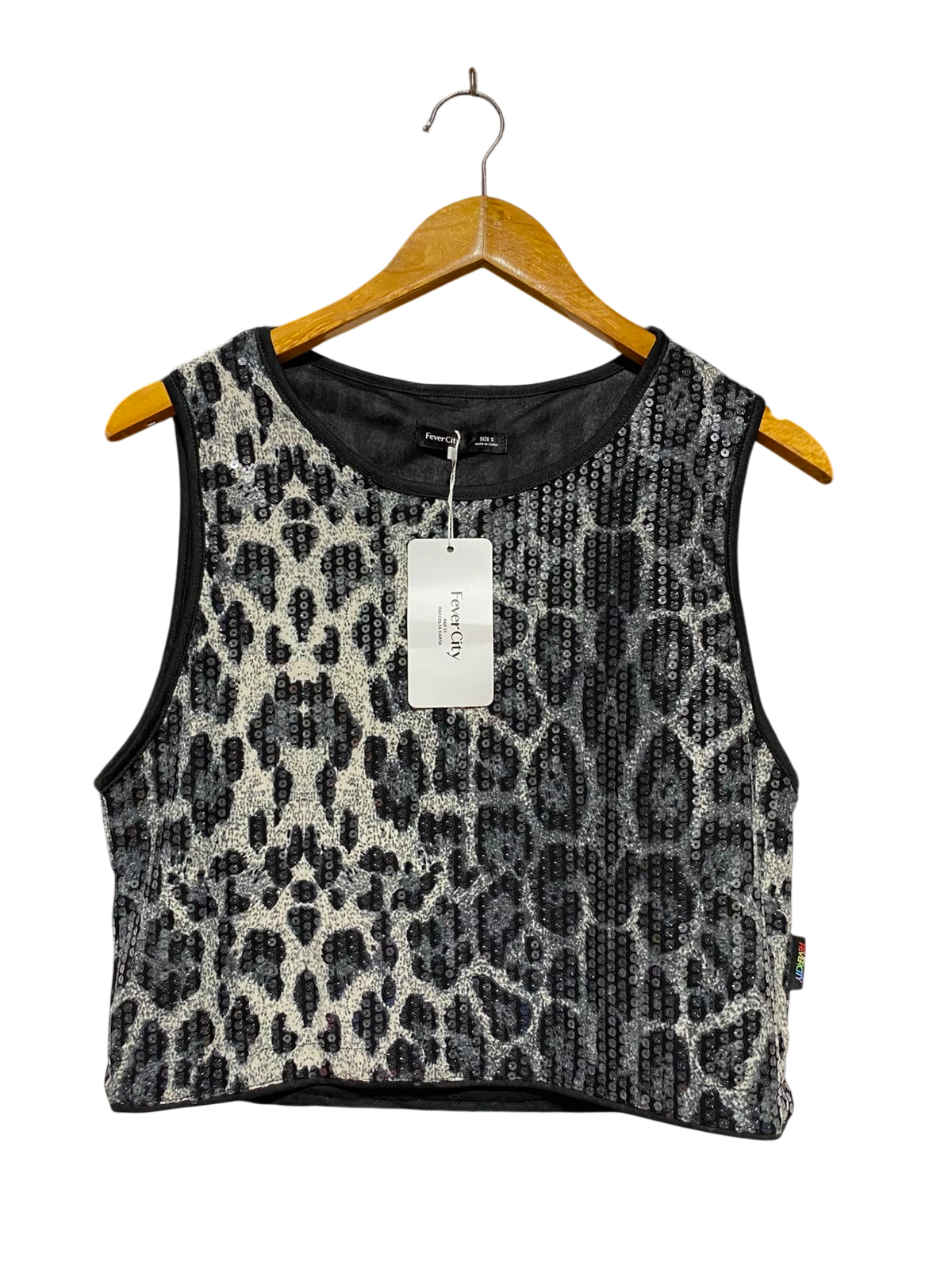 FEVER CITY |S| BUST 17| B37| SEQUIN LEOPARD PRINT CROP TOP SLEEVELESS PARTY TANK BLOUSE