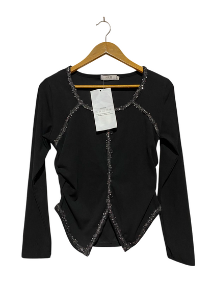 HXM |XL| BUST 17| B37| BLACK CARDIGAN TOP LONG SLEEVE SEQUIN TRIM ASYMMETRICAL HEM CUTOUT BLOUSE
