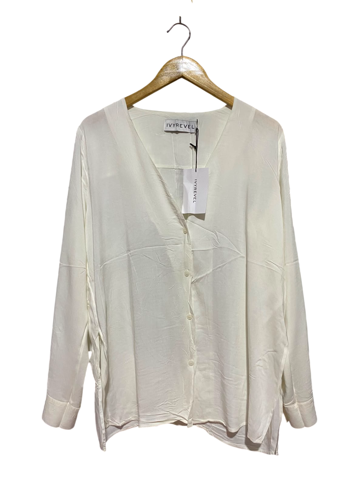 IVYREVEL |L| BUST 22| B37| OFF WHITE V-NECK BUTTON UP BLOUSE LONG SLEEVE OVERSIZED FLOWY SHIRT