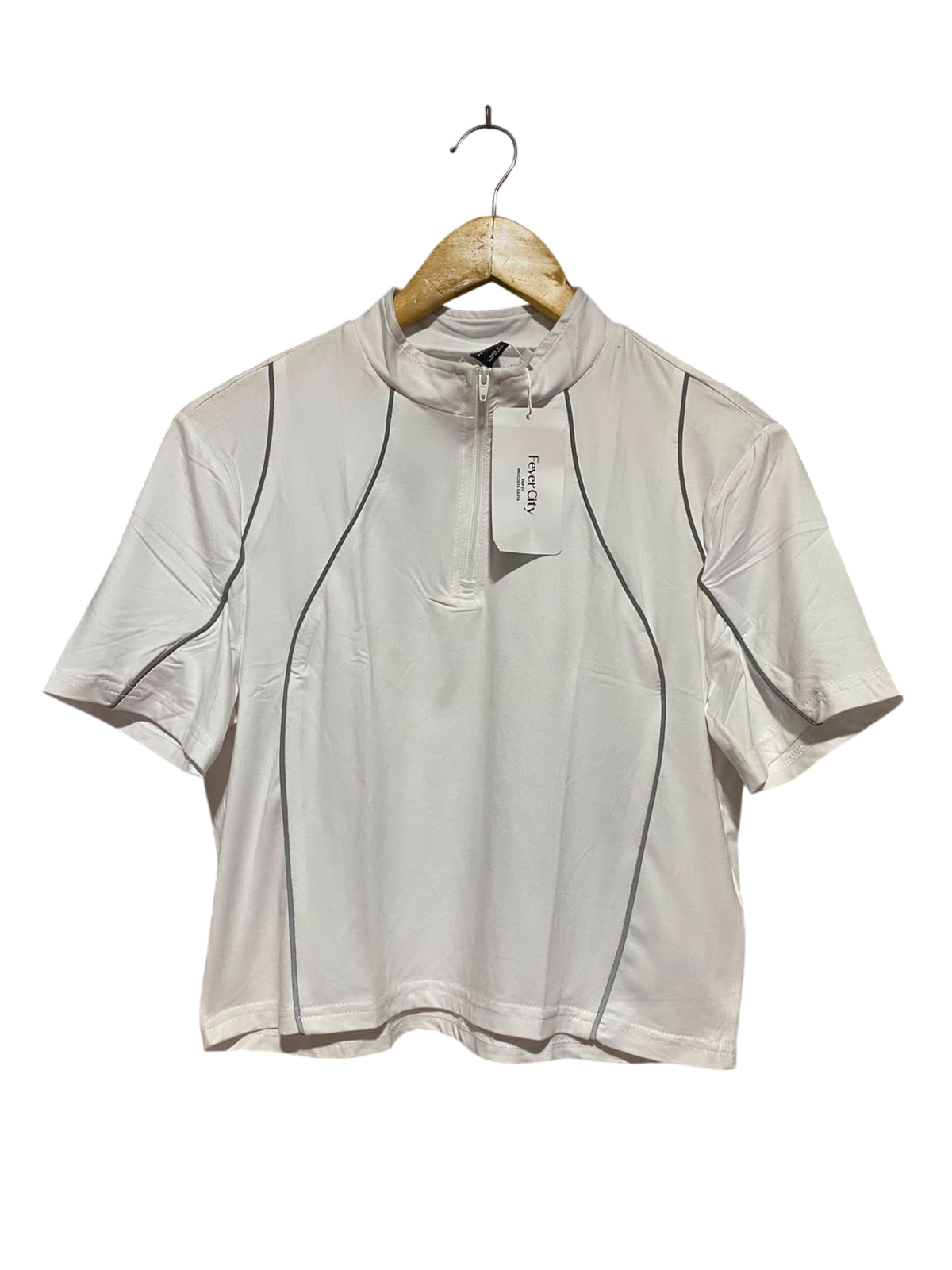 FEVER CITY |S| BUST 19| B37| WHITE HALF ZIP CROP TOP SHORT SLEEVE REFLECTIVE PIPING ATHLETIC TEE