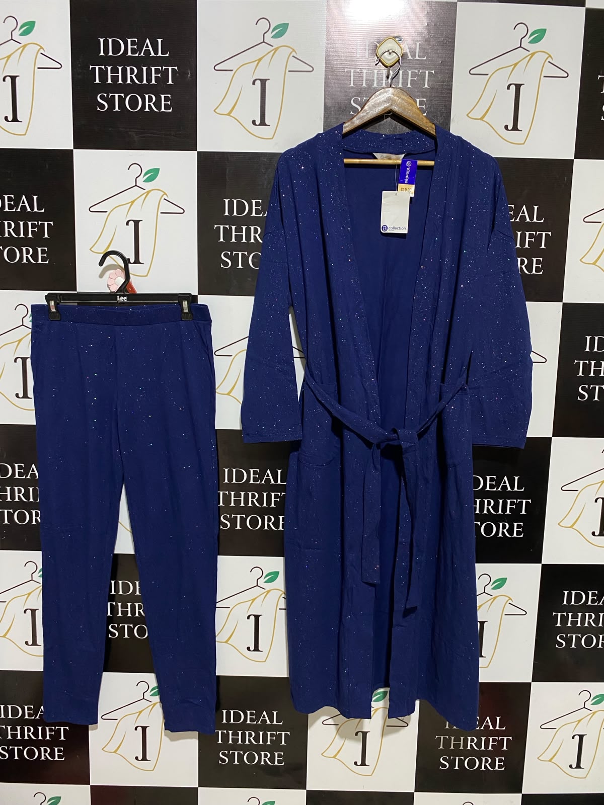 B COLLECTION |L| B35| WOMEN'S 2-PIECE GLITTER SHIMMER LOUNGEWEAR SET WITH LONG ROBE AND PANTS IN ROYAL BLUE