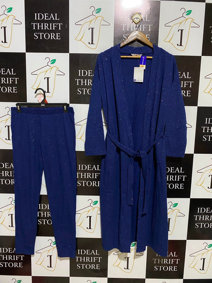 B COLLECTION |L| B35| WOMEN'S 2-PIECE GLITTER SHIMMER LOUNGEWEAR SET WITH LONG ROBE AND PANTS IN ROYAL BLUE