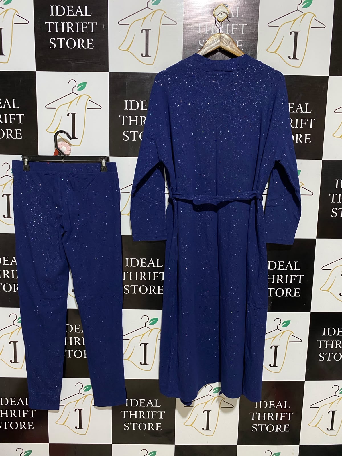 B COLLECTION |L| B35| WOMEN'S 2-PIECE GLITTER SHIMMER LOUNGEWEAR SET WITH LONG ROBE AND PANTS IN ROYAL BLUE
