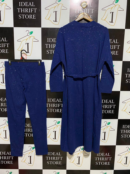 B COLLECTION |L| B35| WOMEN'S 2-PIECE GLITTER SHIMMER LOUNGEWEAR SET WITH LONG ROBE AND PANTS IN ROYAL BLUE