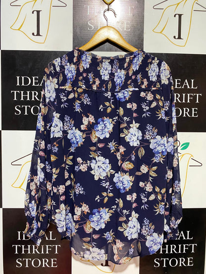 JUST JEANS |XL| BUST 22| B37| NAVY BLUE FLORAL BLOUSE LONG BILLOW SLEEVE BOOHO PEASANT TOP