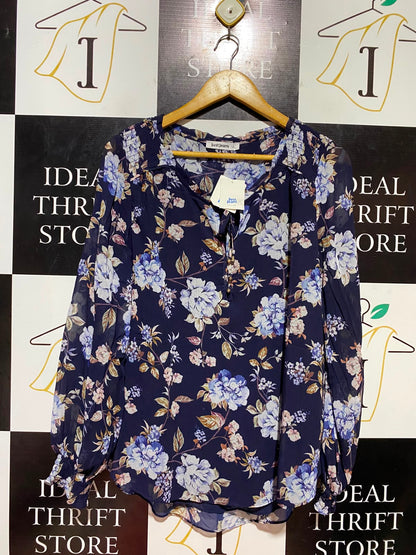 JUST JEANS |XL| BUST 22| B37| NAVY BLUE FLORAL BLOUSE LONG BILLOW SLEEVE BOOHO PEASANT TOP