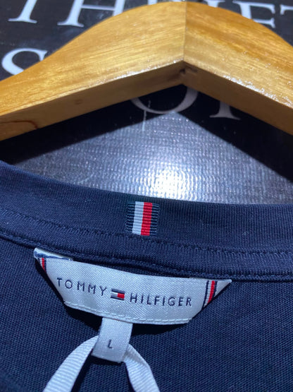 TOMMY HILFIGER |L| BUST 19| B37| NAVY BLUE T-SHIRT DRESS EMBROIDERED SCRIPT LOGO CASUAL SHORT SLEEVE MIDI TEE DRESS