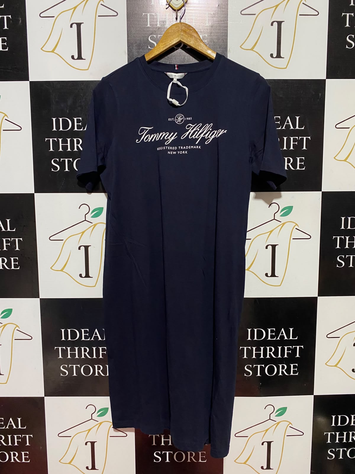 TOMMY HILFIGER |L| BUST 19| B37| NAVY BLUE T-SHIRT DRESS EMBROIDERED SCRIPT LOGO CASUAL SHORT SLEEVE MIDI TEE DRESS