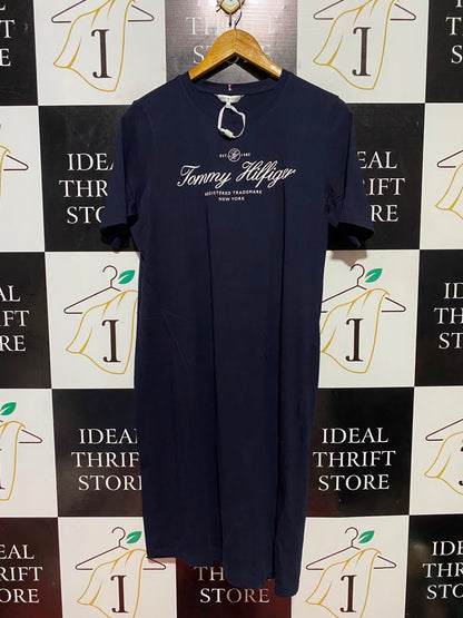TOMMY HILFIGER |L| BUST 19| B37| NAVY BLUE T-SHIRT DRESS EMBROIDERED SCRIPT LOGO CASUAL SHORT SLEEVE MIDI TEE DRESS