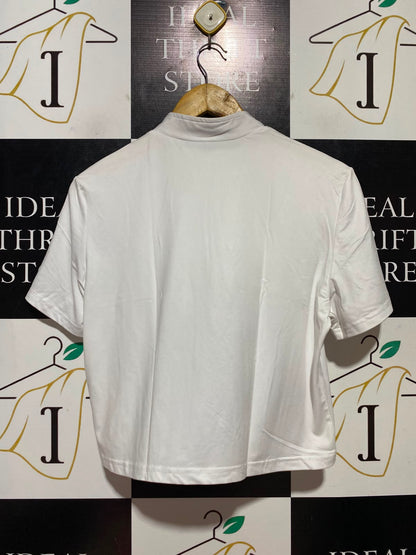 FEVER CITY |S| BUST 19| B37| WHITE HALF ZIP CROP TOP SHORT SLEEVE REFLECTIVE PIPING ATHLETIC TEE