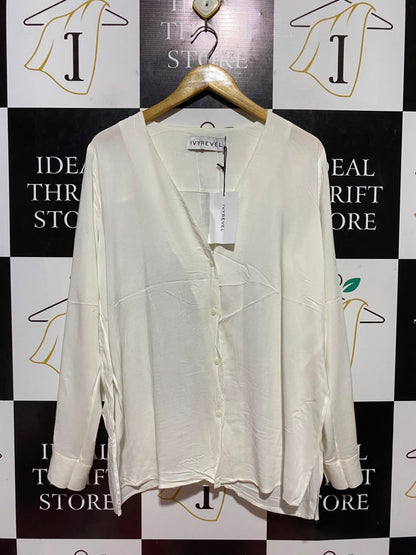 IVYREVEL |L| BUST 22| B37| OFF WHITE V-NECK BUTTON UP BLOUSE LONG SLEEVE OVERSIZED FLOWY SHIRT