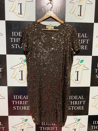 MICHAEL |L| BUST 19| B37| BLACK SEQUIN MINI DRESS SHORT SLEEVE GLAM PARTY HOLIDAY COCKTAIL SHIFT DRESS