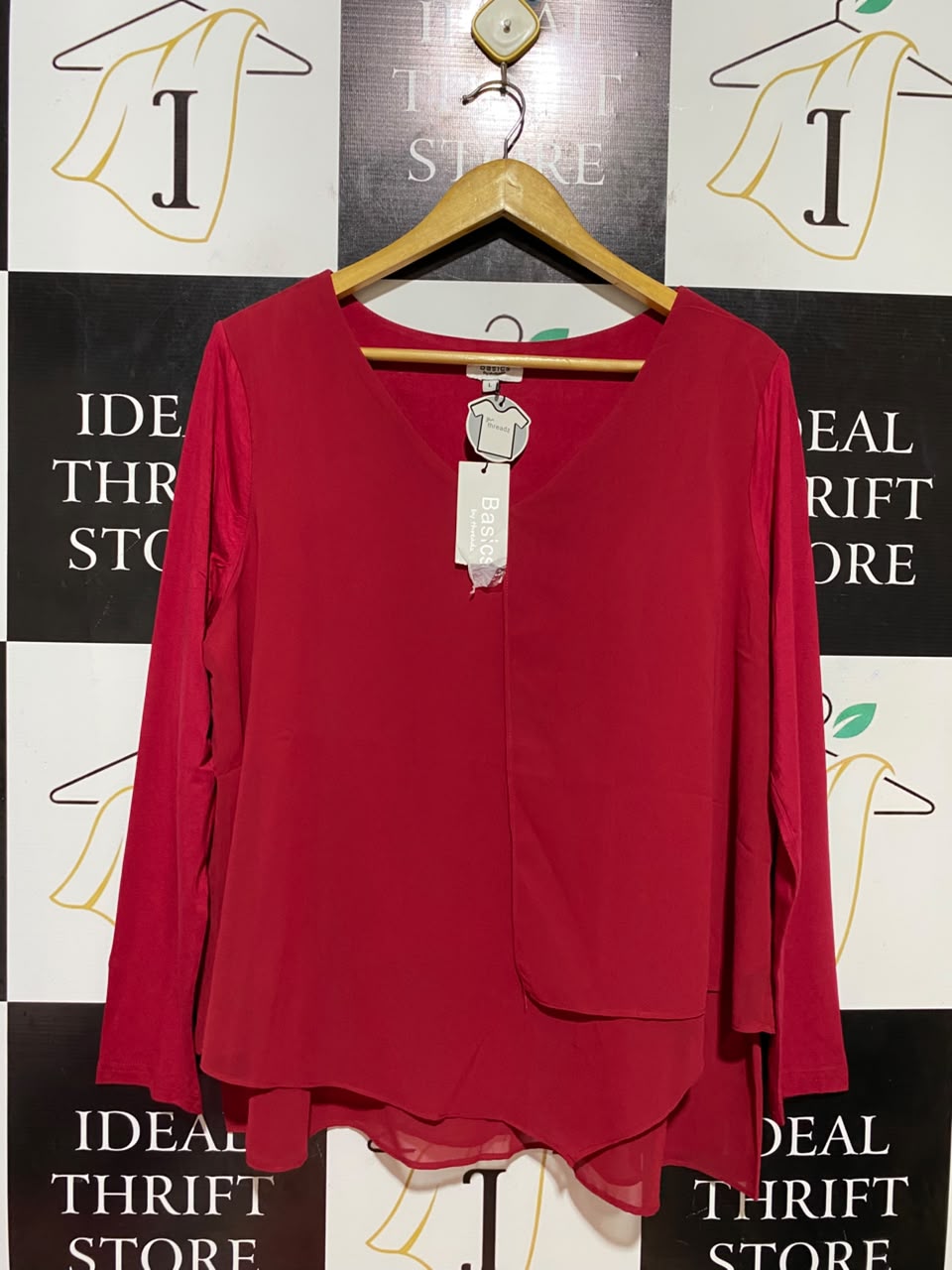 BASICS THREADZ |L| BUST 22| B37| RED LAYERED BLOUSE LONG SLEEVE V-NECK FLOWY TUNIC TOP