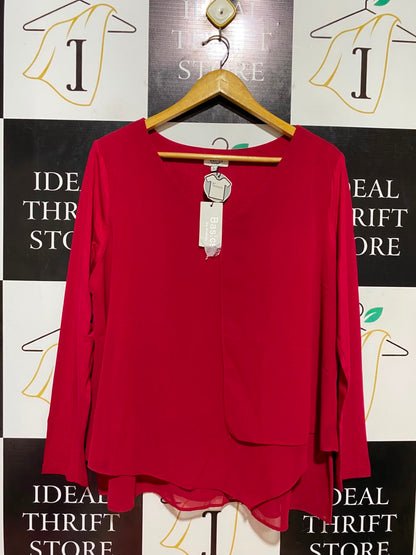 BASICS THREADZ |L| BUST 22| B37| RED LAYERED BLOUSE LONG SLEEVE V-NECK FLOWY TUNIC TOP