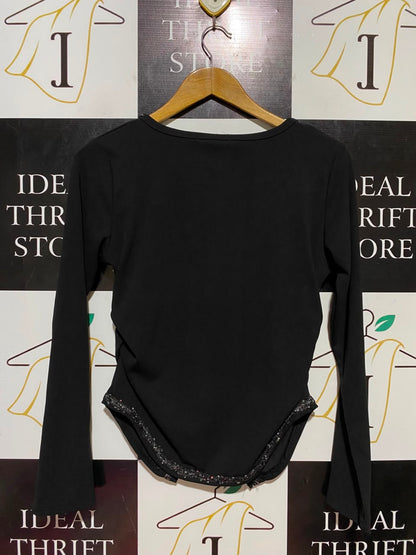 HXM |XL| BUST 17| B37| BLACK CARDIGAN TOP LONG SLEEVE SEQUIN TRIM ASYMMETRICAL HEM CUTOUT BLOUSE