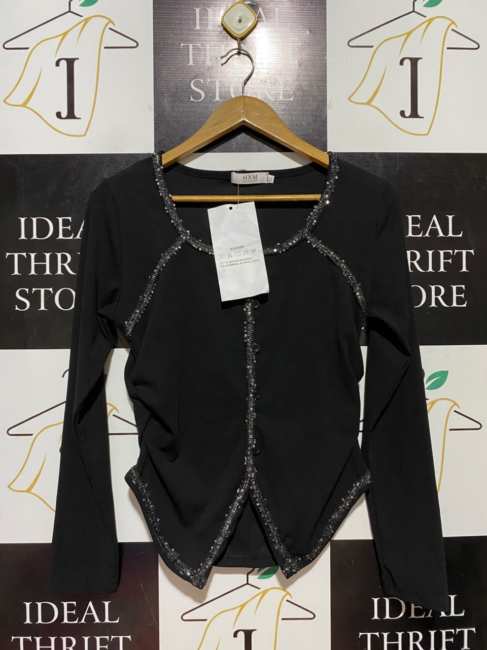 HXM |XL| BUST 17| B37| BLACK CARDIGAN TOP LONG SLEEVE SEQUIN TRIM ASYMMETRICAL HEM CUTOUT BLOUSE