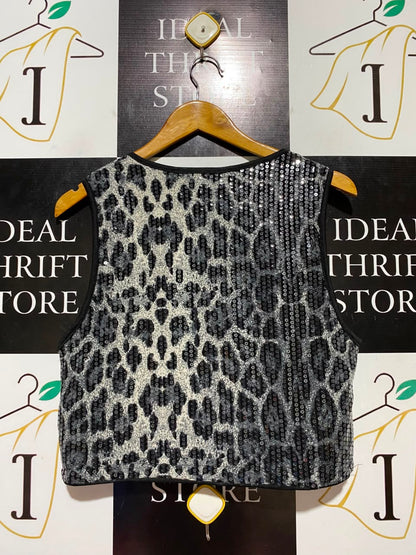 FEVER CITY |S| BUST 17| B37| SEQUIN LEOPARD PRINT CROP TOP SLEEVELESS PARTY TANK BLOUSE