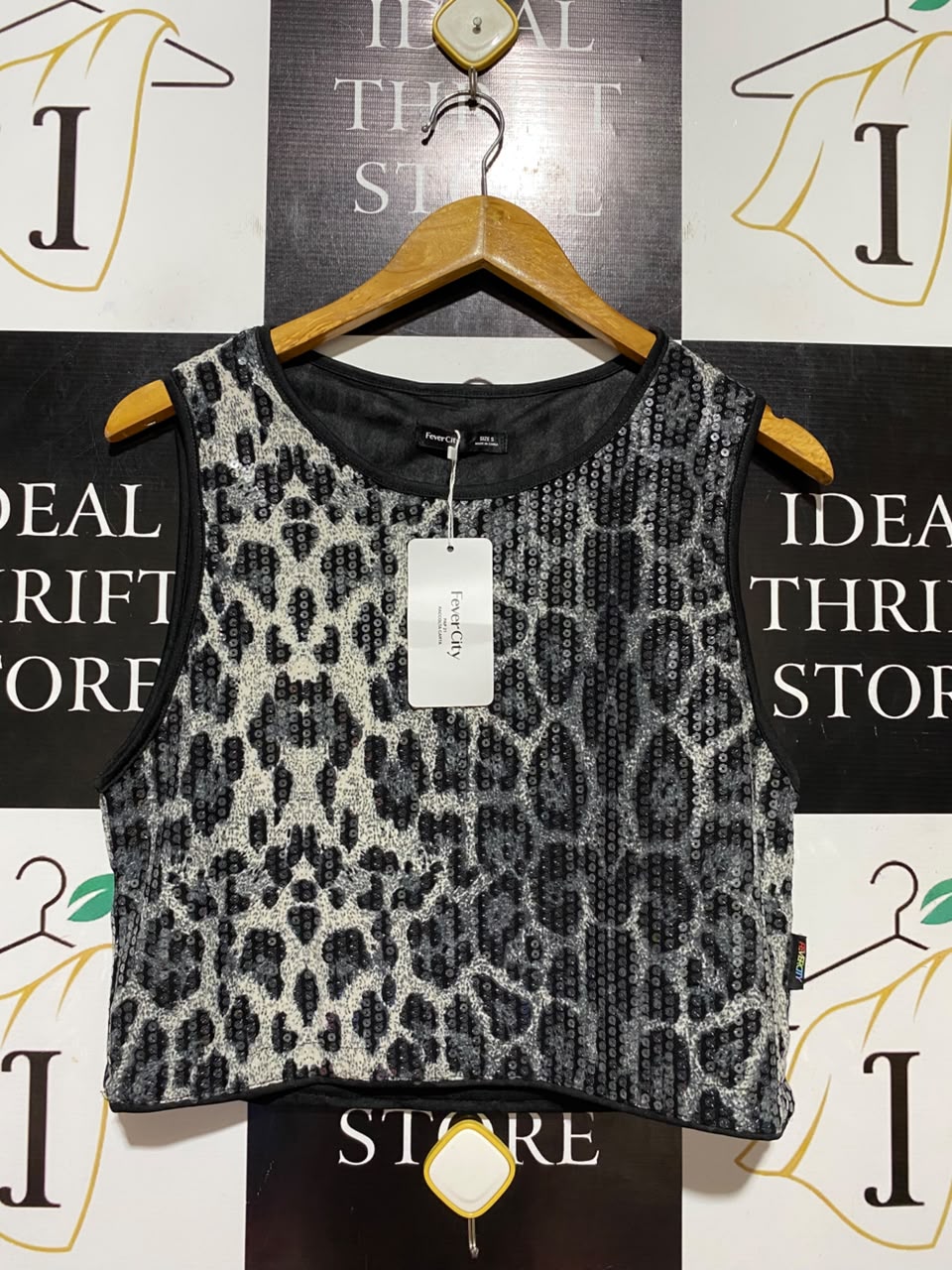 FEVER CITY |S| BUST 17| B37| SEQUIN LEOPARD PRINT CROP TOP SLEEVELESS PARTY TANK BLOUSE