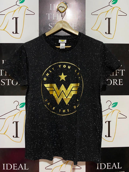 WONDER WOMAN |L| BUST 20| B37| WOMAN BLACK SPECKLED T-SHIRT METALLIC GOLD LOGO GRAPHIC TEE