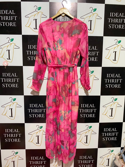 |L| BUST 51 | B37| VIBRANT PINK FLORAL MAXI DRESS LONG SLEEVE V-NECK FAUX WRAP TIERED A-LINE PARTY DRESS WITH BELT