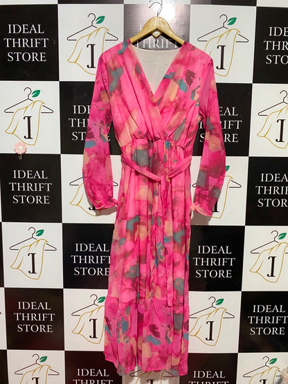 |L| BUST 51 | B37| VIBRANT PINK FLORAL MAXI DRESS LONG SLEEVE V-NECK FAUX WRAP TIERED A-LINE PARTY DRESS WITH BELT