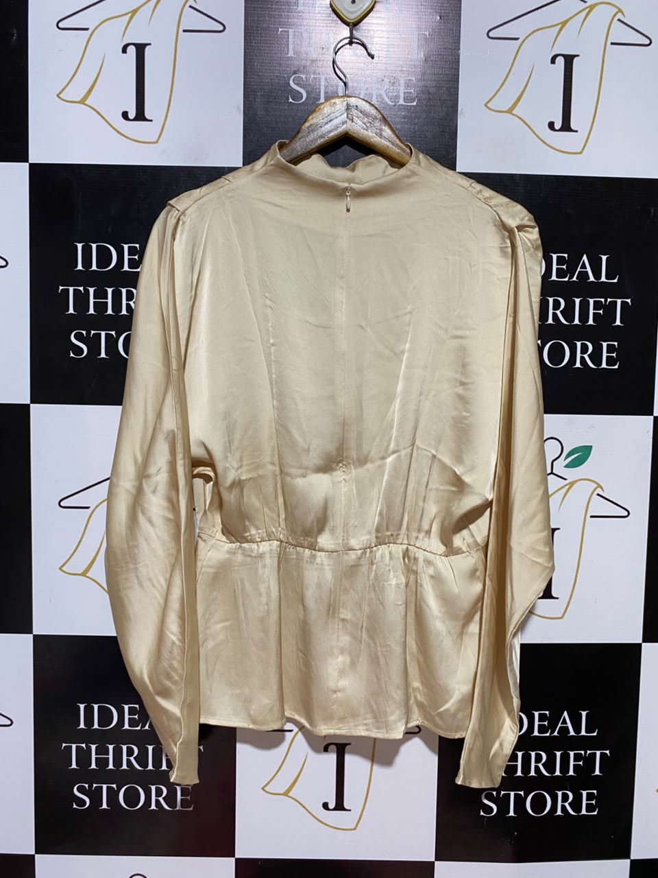 H&M |M| BUST FREE| B37| CHIC CHAMPAGNE SILK SATIN LONG SLEEVE BLOUSE PEPLUM WAIST ELEGANT VINTAGE GLAM PARTY SHIRT