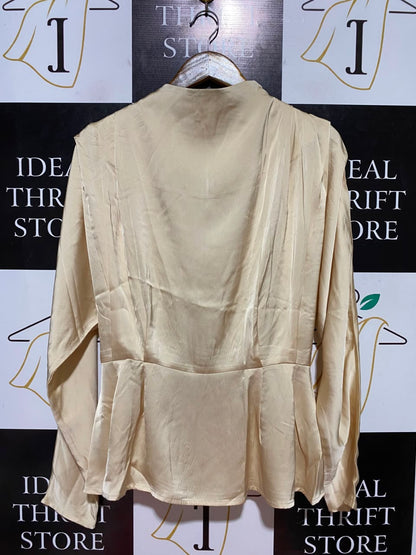H&M |M| BUST FREE| B37| CHIC CHAMPAGNE SILK SATIN LONG SLEEVE BLOUSE PEPLUM WAIST ELEGANT VINTAGE GLAM PARTY SHIRT