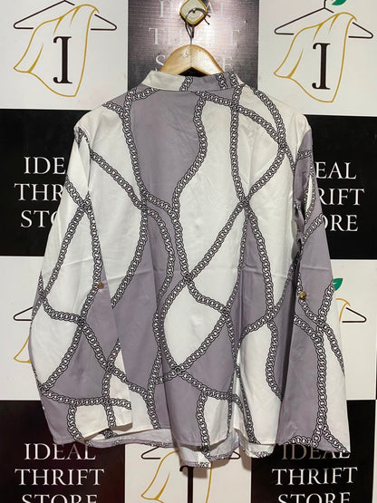 SHEIN CURVE |XL| BUST 23| B37| ELEGANT CHAIN LINK PRINT BUTTON UP BLOUSE MAUVE GREY AND WHITE LONG SLEEVE MANDARIN COLLAR SHIRT