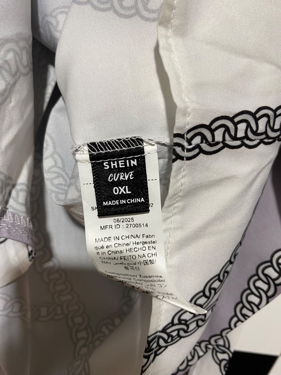 SHEIN CURVE |XL| BUST 23| B37| ELEGANT CHAIN LINK PRINT BUTTON UP BLOUSE MAUVE GREY AND WHITE LONG SLEEVE MANDARIN COLLAR SHIRT