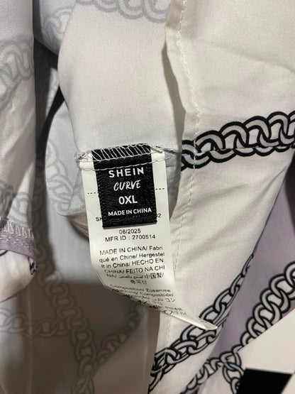 SHEIN CURVE |XL| BUST 23| B37| ELEGANT CHAIN LINK PRINT BUTTON UP BLOUSE MAUVE GREY AND WHITE LONG SLEEVE MANDARIN COLLAR SHIRT
