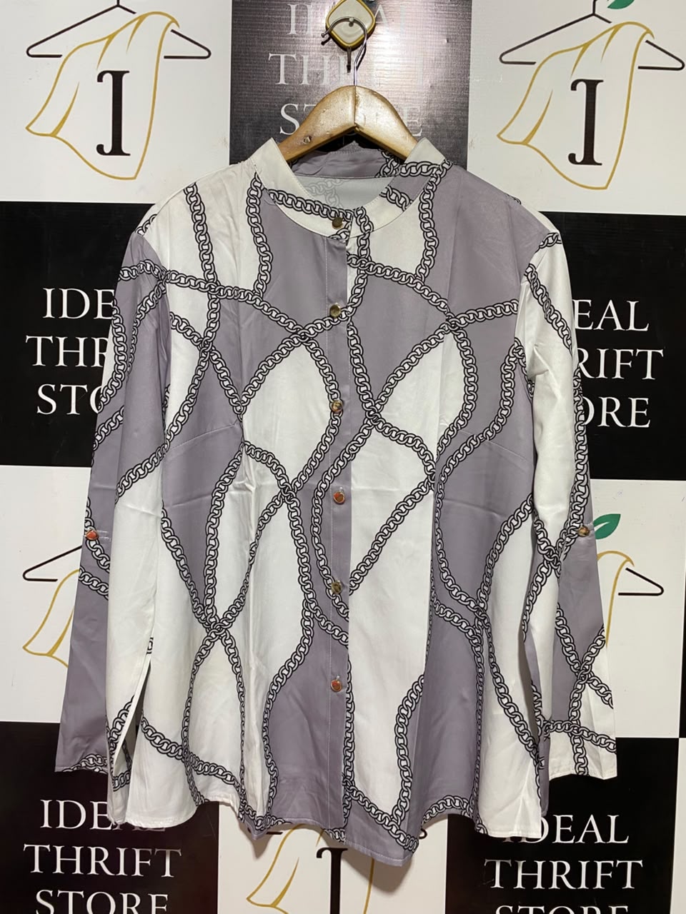 SHEIN CURVE |XL| BUST 23| B37| ELEGANT CHAIN LINK PRINT BUTTON UP BLOUSE MAUVE GREY AND WHITE LONG SLEEVE MANDARIN COLLAR SHIRT