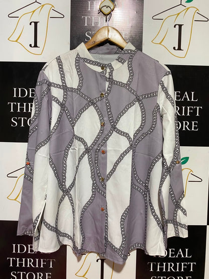 SHEIN CURVE |XL| BUST 23| B37| ELEGANT CHAIN LINK PRINT BUTTON UP BLOUSE MAUVE GREY AND WHITE LONG SLEEVE MANDARIN COLLAR SHIRT