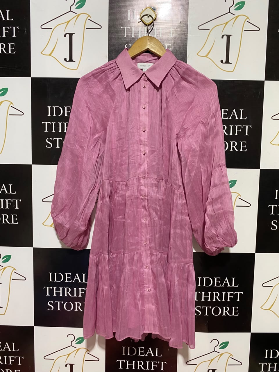 WITCHERY |M| BUST 18| B37| MAUVE PINK TIERED SHIRT DRESS BUTTON UP LONG BALLOON SLEEVE CRINKLE MINI SHIRTDRESS