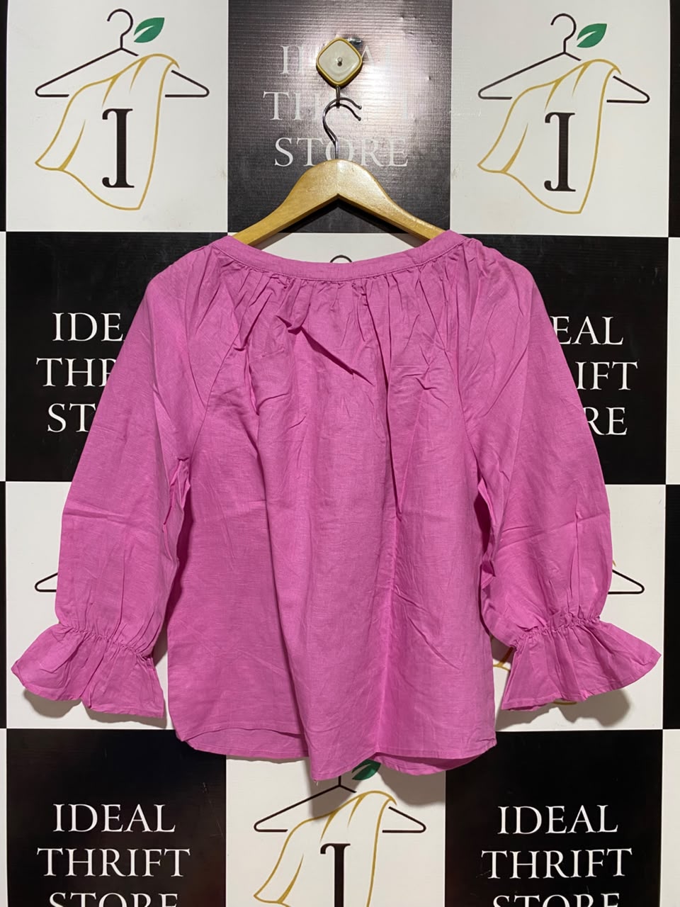 GRAE LINEN |L| BUST 20| B37| PINK LINEN BLEND BLOUSE 3/4 SLEEVE RUFFLE CUFF BUTTON UP SHIRT