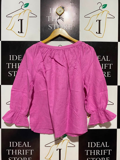 GRAE LINEN |L| BUST 20| B37| PINK LINEN BLEND BLOUSE 3/4 SLEEVE RUFFLE CUFF BUTTON UP SHIRT