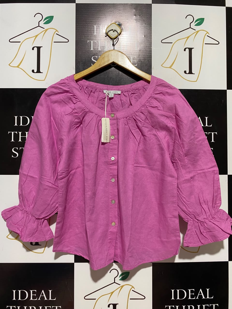 GRAE LINEN |L| BUST 20| B37| PINK LINEN BLEND BLOUSE 3/4 SLEEVE RUFFLE CUFF BUTTON UP SHIRT