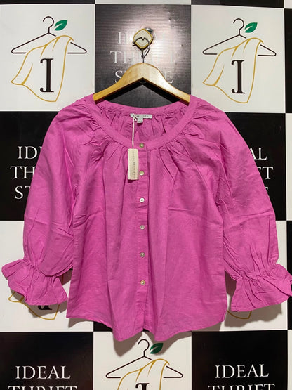 GRAE LINEN |L| BUST 20| B37| PINK LINEN BLEND BLOUSE 3/4 SLEEVE RUFFLE CUFF BUTTON UP SHIRT