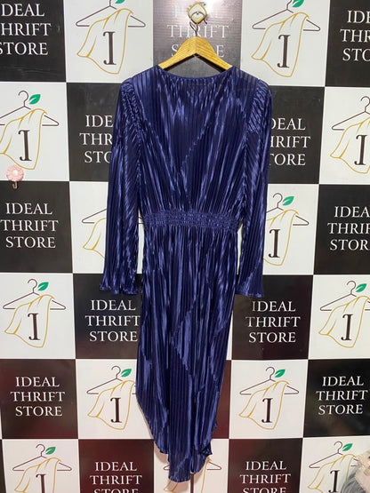 COUNTRY ROAD |M| BUST 17| B37| SHIMMERING METALLIC NAVY BLUE PLEATED MIDI DRESS LONG SLEEVE SMOCKED WAIST COCKTAIL DRESS