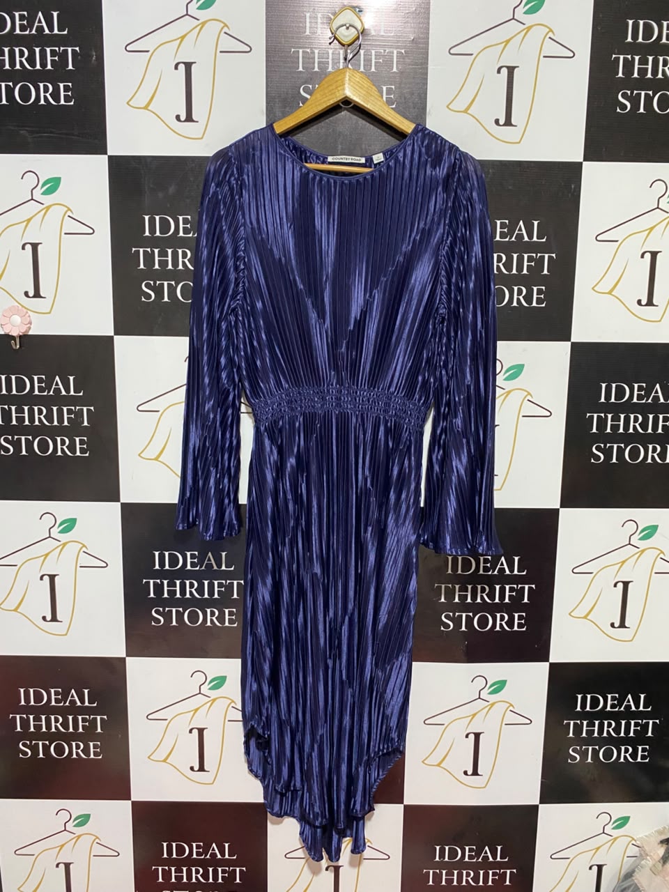 COUNTRY ROAD |M| BUST 17| B37| SHIMMERING METALLIC NAVY BLUE PLEATED MIDI DRESS LONG SLEEVE SMOCKED WAIST COCKTAIL DRESS