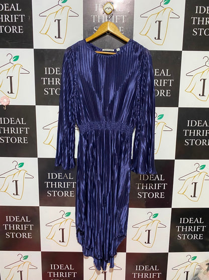 COUNTRY ROAD |M| BUST 17| B37| SHIMMERING METALLIC NAVY BLUE PLEATED MIDI DRESS LONG SLEEVE SMOCKED WAIST COCKTAIL DRESS