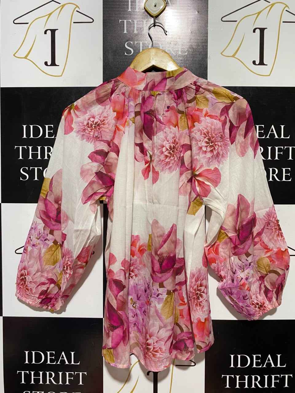 SUSSAN |M| BUST 21| B37| ELEGANT PINK FLORAL BUTTON UP BLOUSE LONG BALLOON SLEEVE MOCK NECK CHIC TUNIC SHIRT