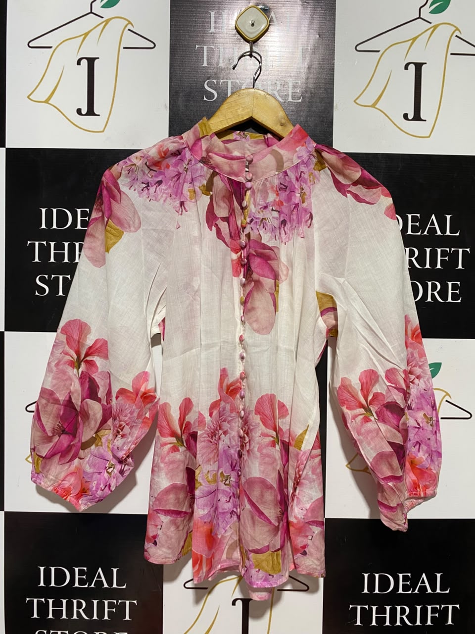 SUSSAN |M| BUST 21| B37| ELEGANT PINK FLORAL BUTTON UP BLOUSE LONG BALLOON SLEEVE MOCK NECK CHIC TUNIC SHIRT