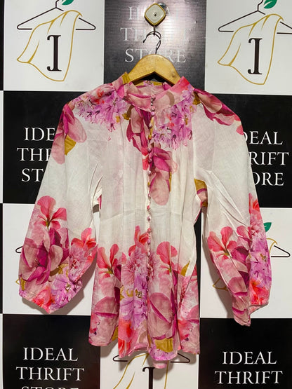 SUSSAN |M| BUST 21| B37| ELEGANT PINK FLORAL BUTTON UP BLOUSE LONG BALLOON SLEEVE MOCK NECK CHIC TUNIC SHIRT