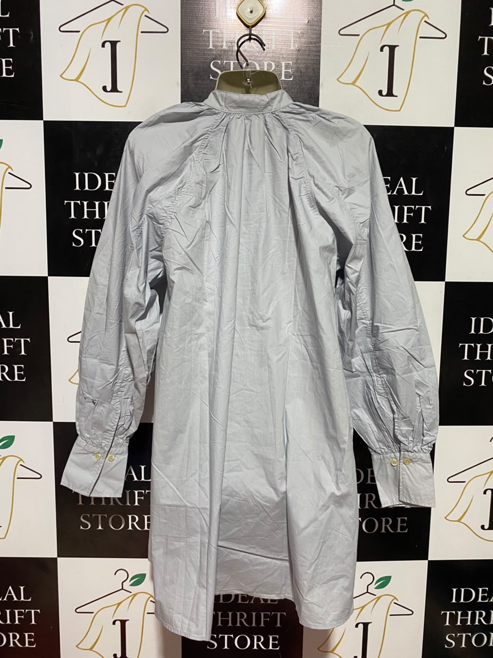 H&M |L| BUST 21| B37| LIGHT COBALT GREY MANDARIN COLLAR BUTTON FRONT TUNIC DRESS LONG SLEEVE OVERSIZED SHIRTDRESS
