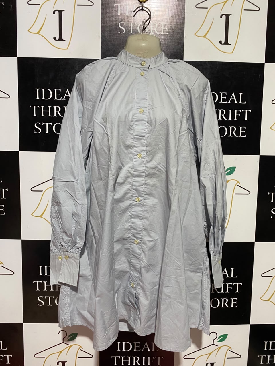H&M |L| BUST 21| B37| LIGHT COBALT GREY MANDARIN COLLAR BUTTON FRONT TUNIC DRESS LONG SLEEVE OVERSIZED SHIRTDRESS