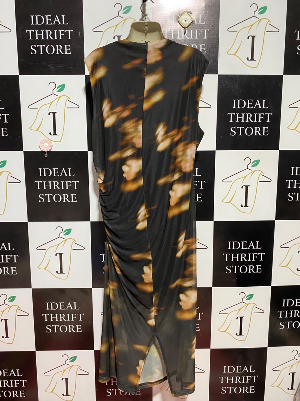 & ME |L| BUST 20| B37| ELEGANT RUCHED COWL NECK ABSTRACT PRINT MIDI DRESS SLEEVELESS BLACK GOLD COCKTAIL SHEATH DRESS