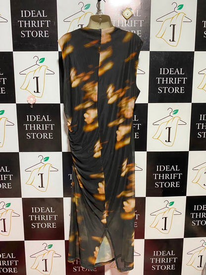 & ME |L| BUST 20| B37| ELEGANT RUCHED COWL NECK ABSTRACT PRINT MIDI DRESS SLEEVELESS BLACK GOLD COCKTAIL SHEATH DRESS